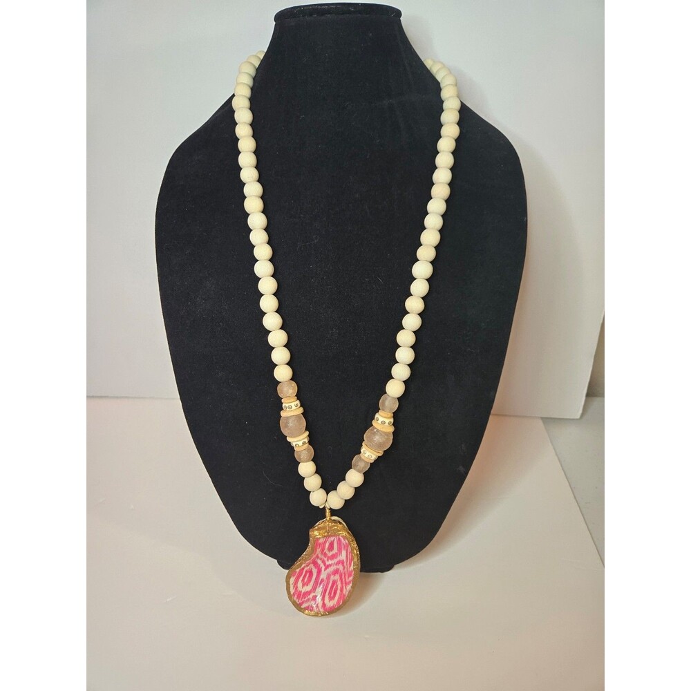 Carolina Strung Necklace Beaded with Painted Shell Gold Pink and White Pattern